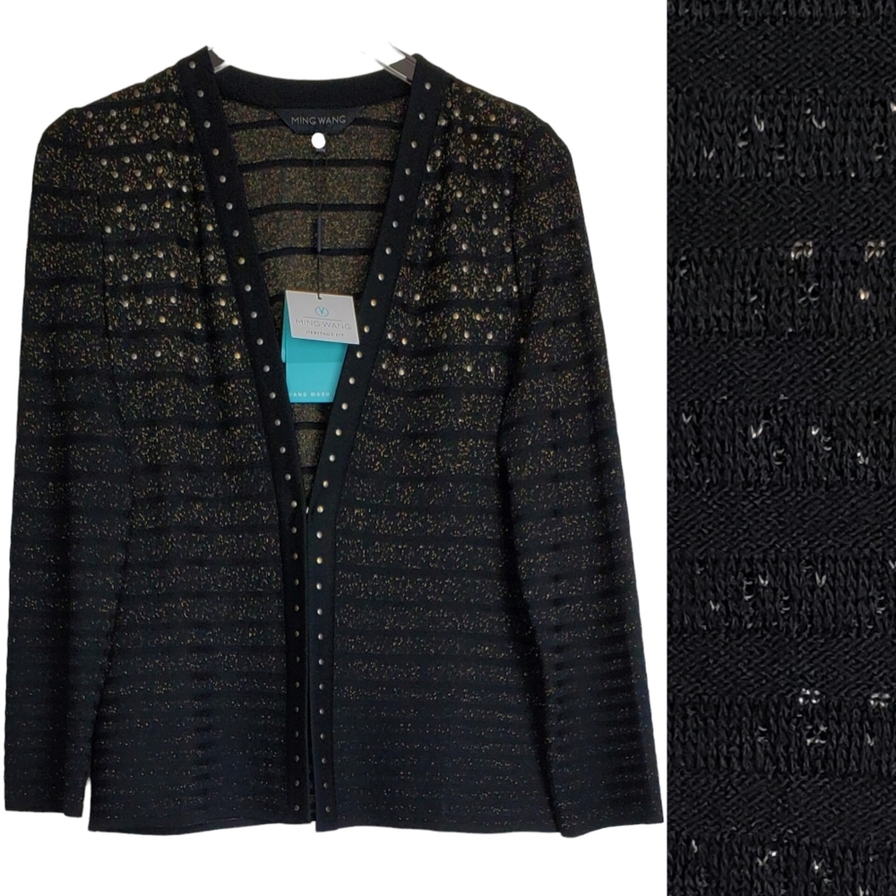 NWT Ming Wang studded sparkle stripe knit jacket cardigan black gold long sleeve